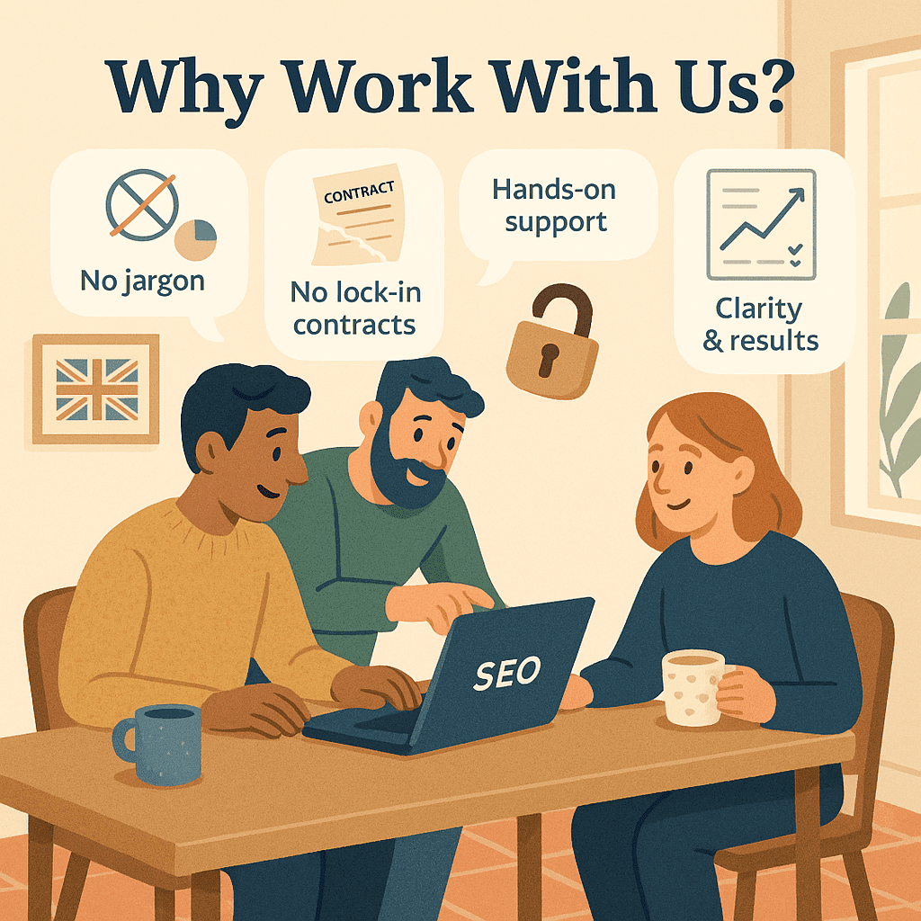 Three people at a table reviewing SEO for small business strategy