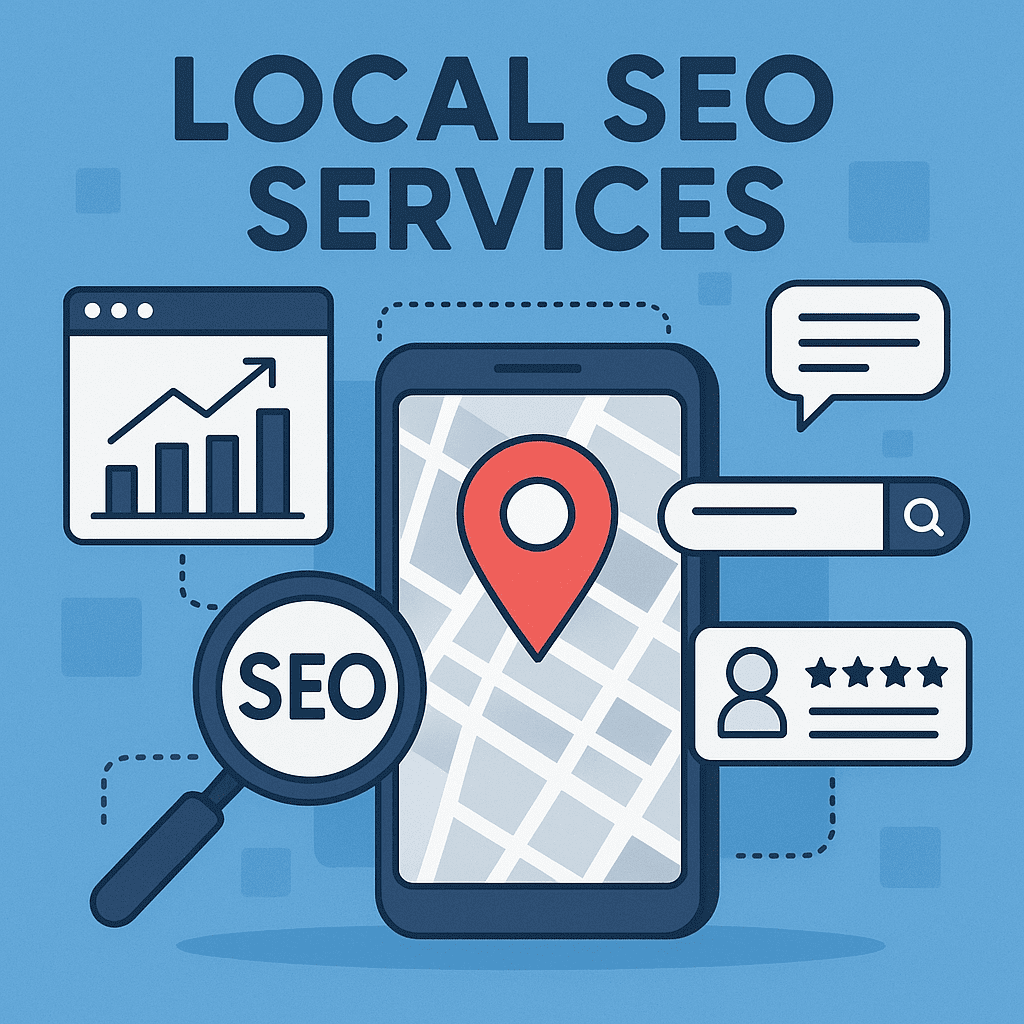 Local SEO services with map pin, visibility graph and target icon