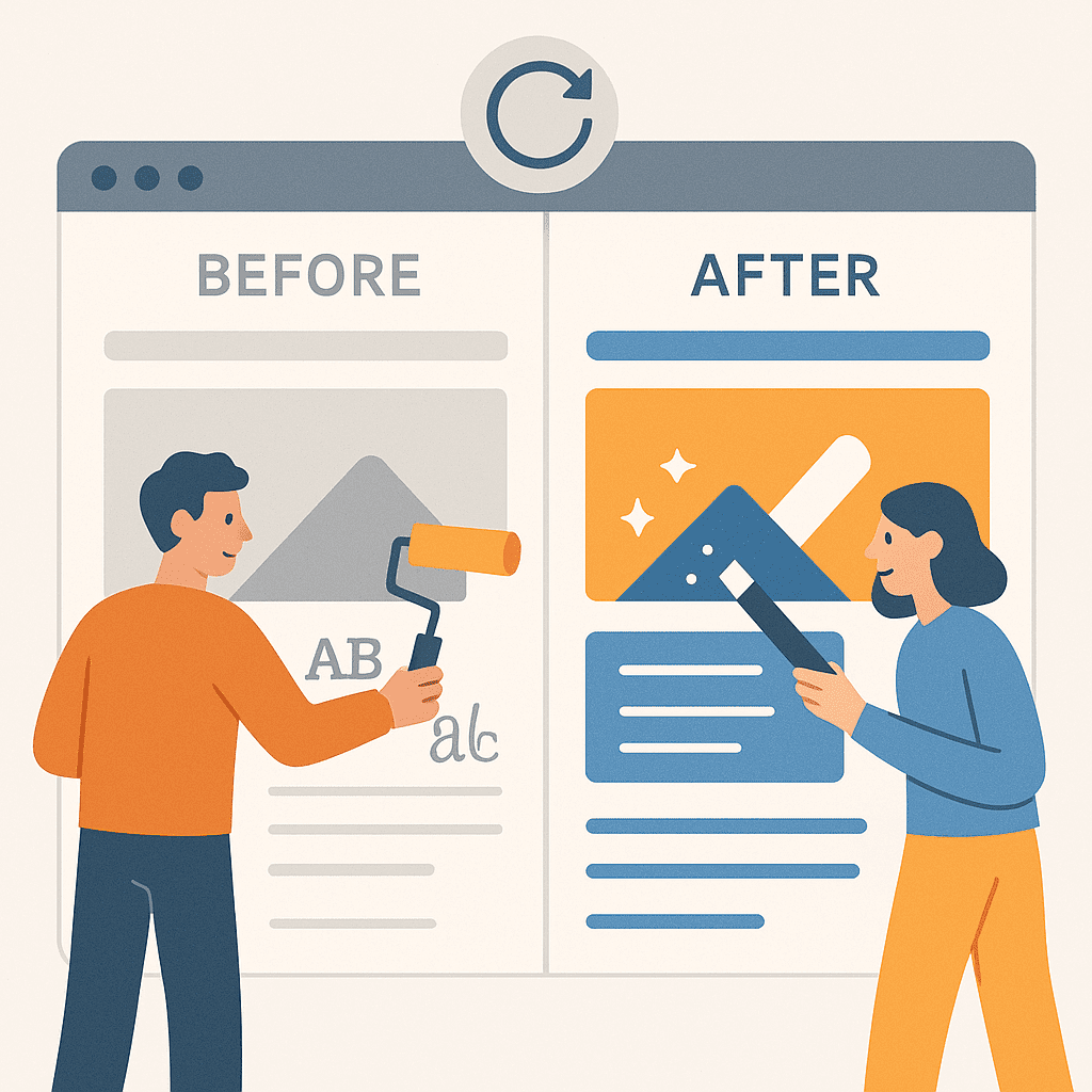 Website refresh SEO UK illustration showing upgrade from outdated to modern website