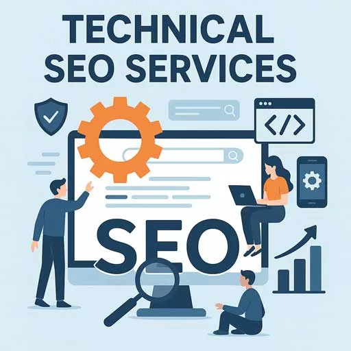 Technical SEO services with code, speed, and optimisation icons