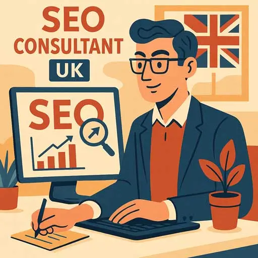 SEO Consultant UK illustration showing independent expert providing clear guidance for small businesses