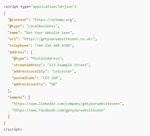 Example of LocalBusiness schema markup for a UK website including address, phone, and structured contact data